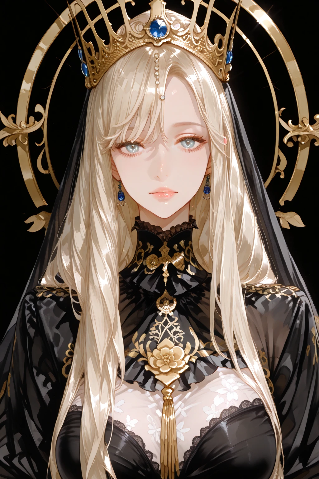 shoujo-style, (floral background, romance manhwa), 1girl, silver hair, solo, long hair, flower, cross, cape, nun, gloves, long sleeves, choker, gray eyes, mascara, makeup, blue bow, blue flower, bob cut, french braid, bow, bra, jewelry, looking at viewer, white background, collarbone, golden accessories, upper body, golden engraving, blunt bangs, jentle smile, detailed eyes, sparkle