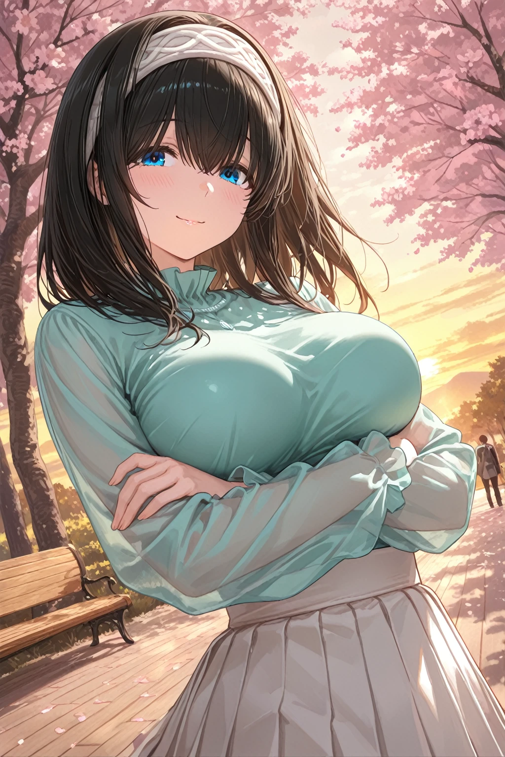 best quality, 1girl, solo, standing, outdoors, medium hair, brown hair, curly hair, looking at viewer, medium breasts, (prosthetic leg:1.2), full body, smiling, (skirt:1.4), sneakers, plaid skirt, oversized_sweater, white oversized_sweater