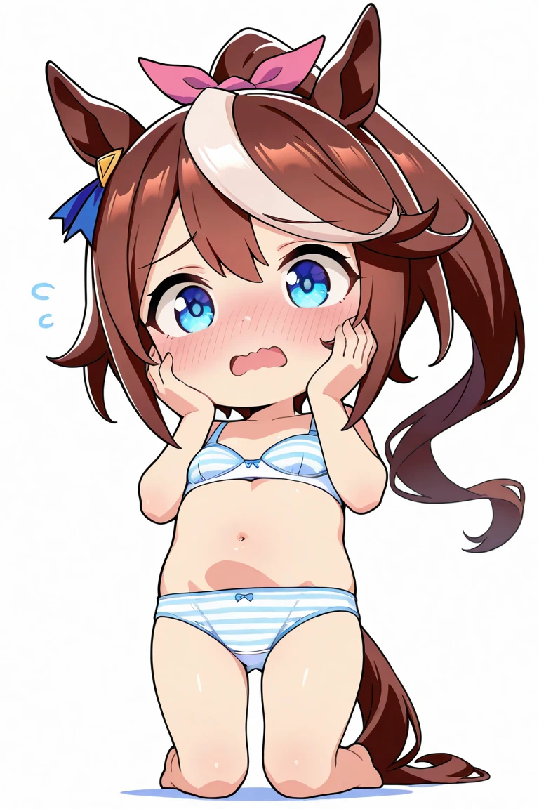Chibi,masutepiece, The upper part of the body_Body, Sitting, Round Tanukike Momimi, thick fluffy brown tail、Blue eyes,Tanned skin , hair between eye, Long hair, Red hair, swept bangs, Thick eyebrows, drooping eyes, Suletta Mercury, masterpiece, expensive quality, very_expensive_solve, big_file size, full color,(completely nude:1.2),pussy,niplles,