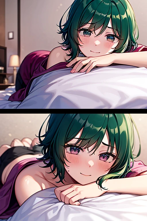 ((Masterpiece, best quality, high quality, highly detailed background)), ((city skyline window view, hotel bedroom, blue sky, laying in bed)), ((lady_nagant, large breasts, short hair, (nude), streaked hair, medium hair, pink hair)), ((blushing, shy, looking at viewer))