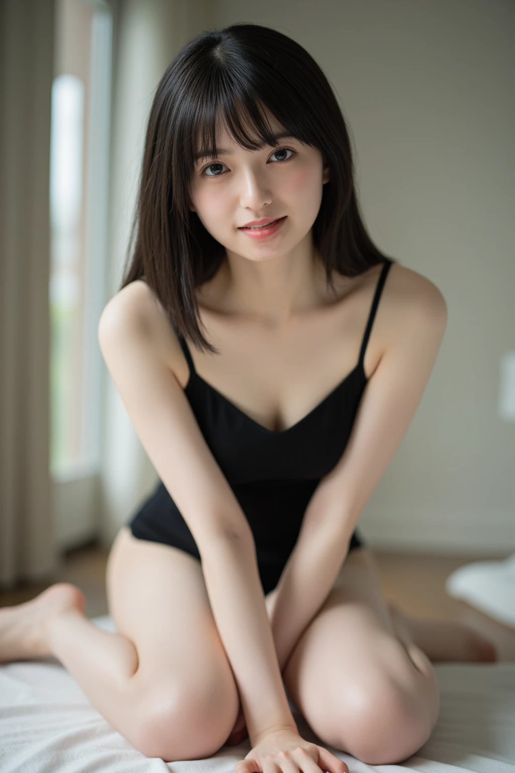"(highest quality,8k,High resolution,masterpiece:1.2),Very detailed,(Realistic,photoRealistic,photo-Realistic:1.37),(Realistic:1.37),((Beautiful photos from head to knee:1.5)),One beautiful woman、short hair,Deep black eyes,21 years old,Light brown hair,Blue bikini,Moderate:Oil,Portrait of a Woman,smile,Vibrant colors,Soft lighting,Studio settings,Fine brushwork,White skin,Gentle expression,Subtle highlights,Thin hair bundle,A confident gaze,Classic black and white palette,Dramatic contrast,Bold composition,Mystery hint,Refined elegance,Professional Poses,Graceful posture,Perfect detail,Smooth skin texture,Perfect symmetry,The beauty of film: a mysterious smile,Sublime Art