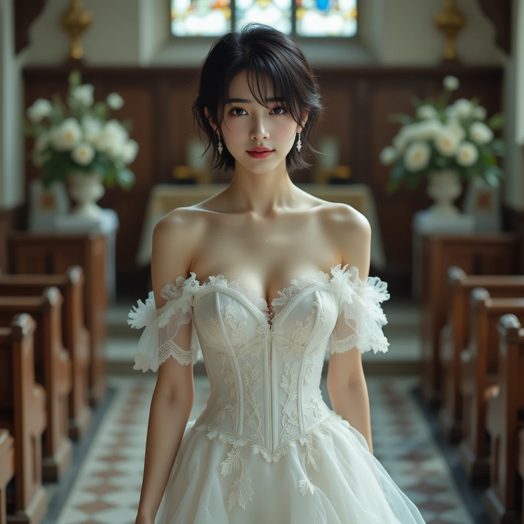 A woman, looking ethereal with her subtle stance and luminous skin, is clad in an enchanting white wedding dress exquisitely adorned with pearls and diamonds. She stands in the aisle of the monumental, age-old cathedral, relishing the mild light shimmering in through the stained glass windows. This light casts a divine play of hues onto her dress, giving it an otherworldly allure. The photographer positions the camera for a low-angle, face-on shot, emphasizing the symmetry of the cathedral and her serenity, (Close up shot: 1.8).