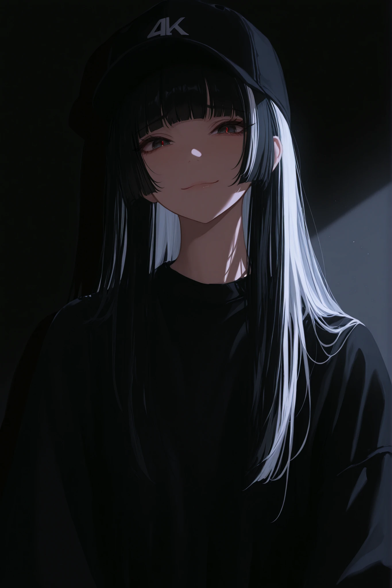 masterpiece, best quality, amazing quality, very aesthetic, high resolution, ultra-detailed, absurdres, newest, 1girl, baseball cap, hime cut, long hair, black hair, white hair streaked hair, sad smile, looking at viewer, sharp shadow, cinematic lighting, volumetric lighting