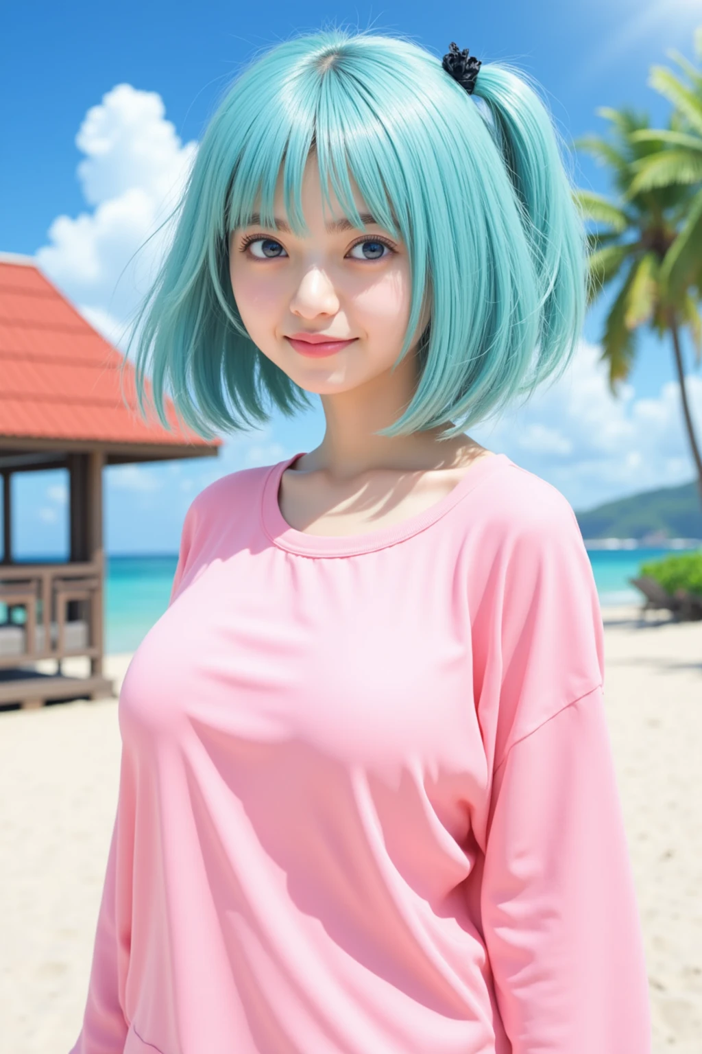 smile, colorful hair, punk girl, (white tank top), short cut hair, blunt bangs, (black skirt), 1girl,solo, flashy hair, photorealistic, high resolution, 1 girl, golden and pink and light blue hair, colorful hair color, korean, beach, wharf, cowboy shot,