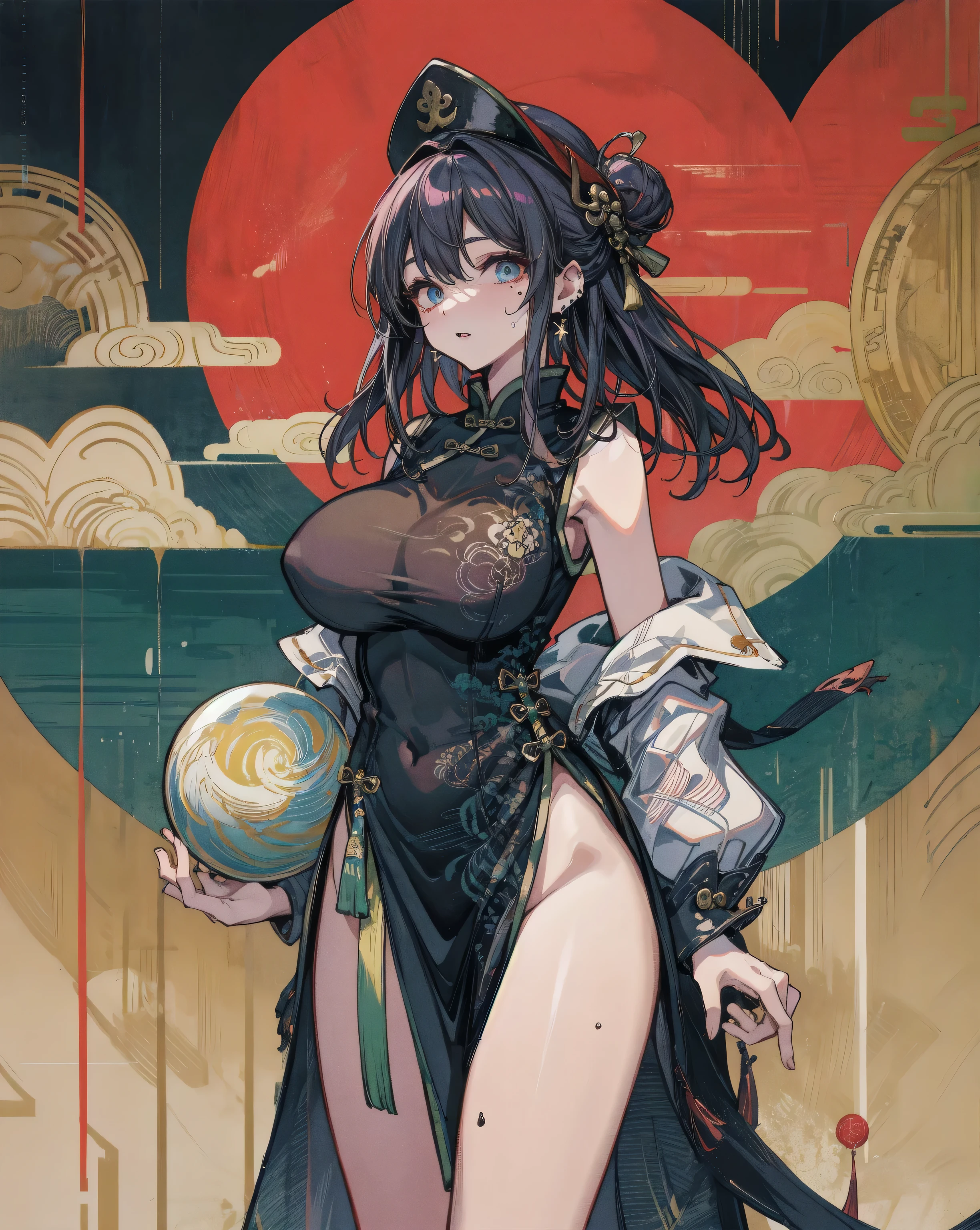 Master works, masterpieces, high quality, extreme detail, classical beauty, (1 female, 25 years-old, huge oppai), ((black long hair)), standing, ((Hands hidden in sleeves)), (pure white loose Taoist robes) (bikini: 1.4), ((delicate face)), (best details)), ((black eyes)), (golden Taoist headdress), ((black gloves)), ((Clench fists)), (long Taoist socking)), sun, moon and star background, ambience, peach blossoms