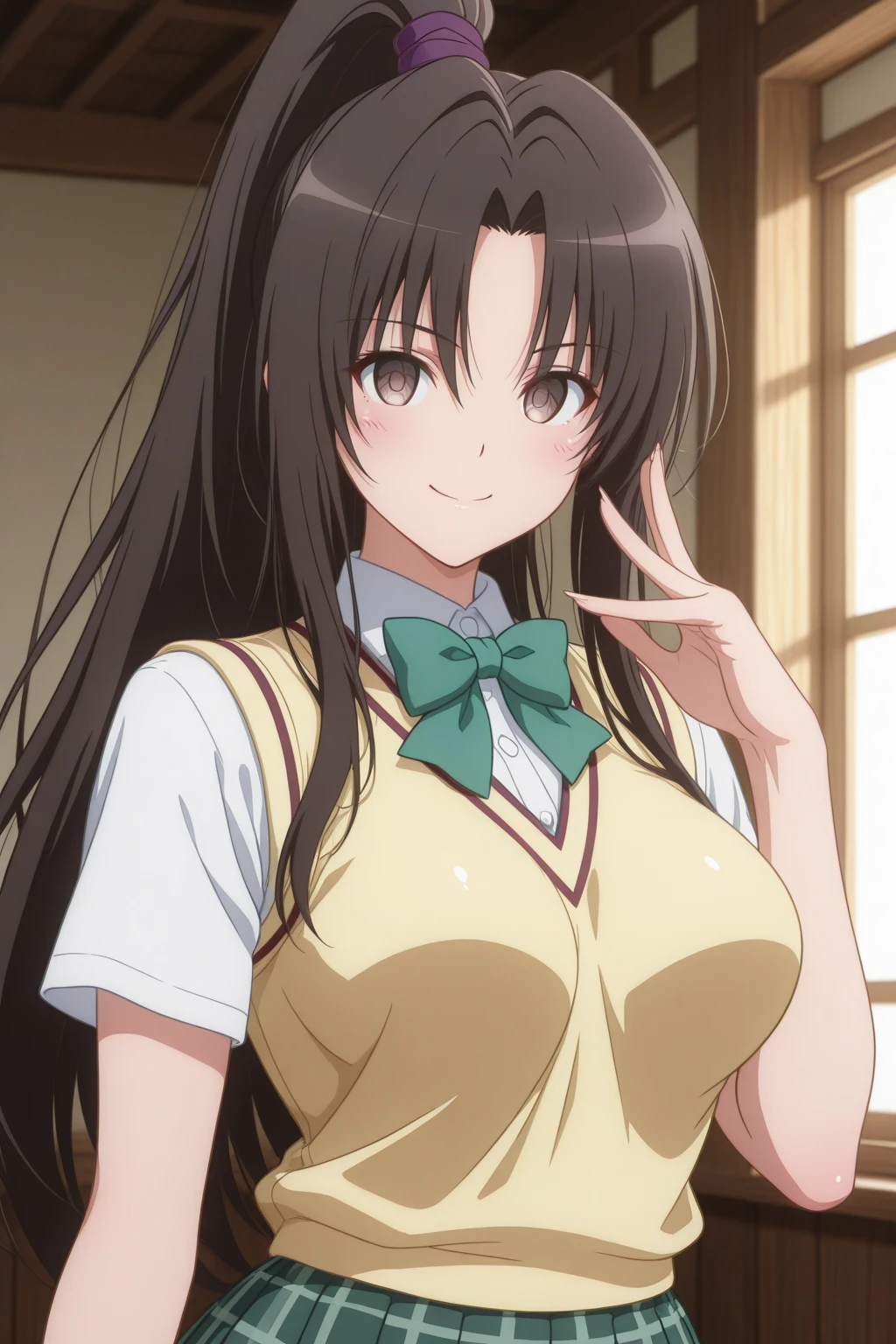 (megami magazine, anime poster style, shueisha style, anime cels style, best quality, high resolution), Kotegawa Yui, long hair, black hair, (beautiful detailed eyes:1.8, beautiful face:1.5), 1girl, cute, (sagging large breasts), cleavage, (black maid bikini:1.5, waist apron), upper body, maid gloves, elbow gloves, outdoors, farm