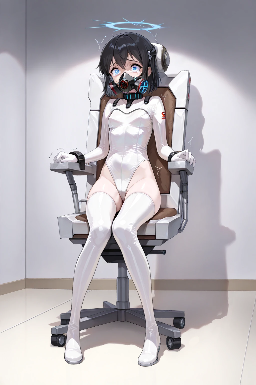 Ashe_Megamanzxa, 1 girl, looking at viewer, Sitting on a chair, simple background, Light Blue Hair, green eyes, micro bikini