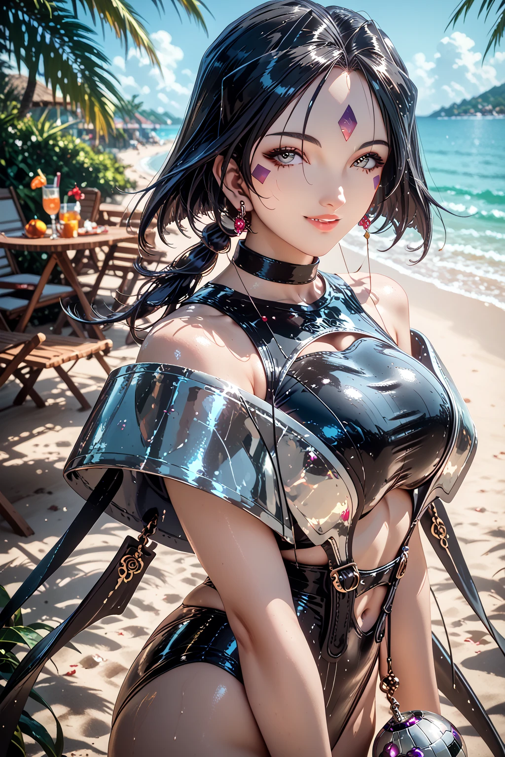 1girl, solo, bikini, ponytail, wide hips, thigh highs, ass