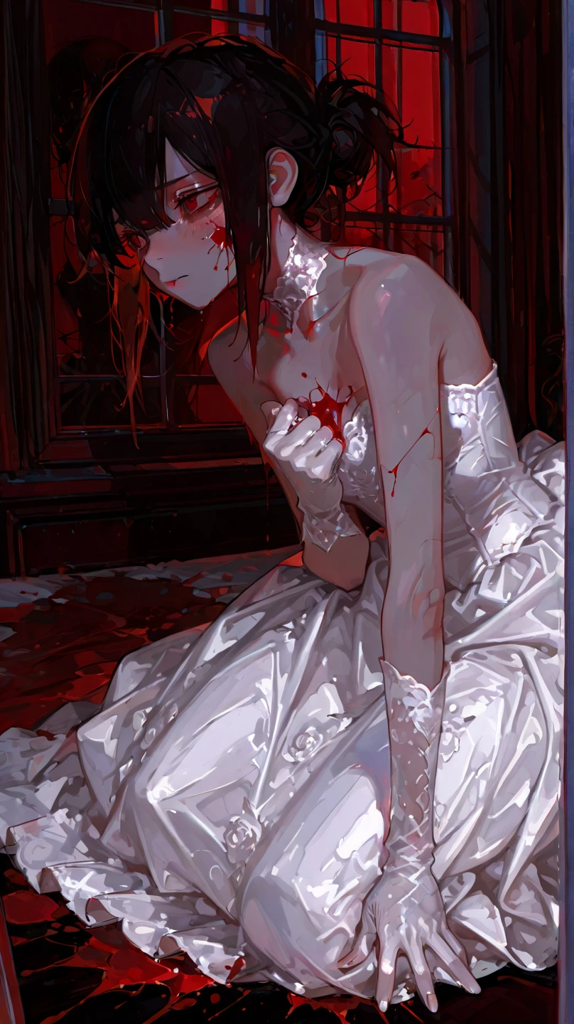 Masterpiece,(Masterpiece, Top quality, Best quality,Sitting,long whitr hair,blossoms,skelleton,skulls,Red wedding dress,Half of the face is covered,arte de terror,covering eyes,Cover your nose,blood-red,Red scarf,red colour,His face was covered with a square towel,Smile,The coat is embroidered with a red robe,The lower body is a red skirt and red pants,Charming,Ghastly,terroral,waxy candles,Spooky atmosphere,casket,