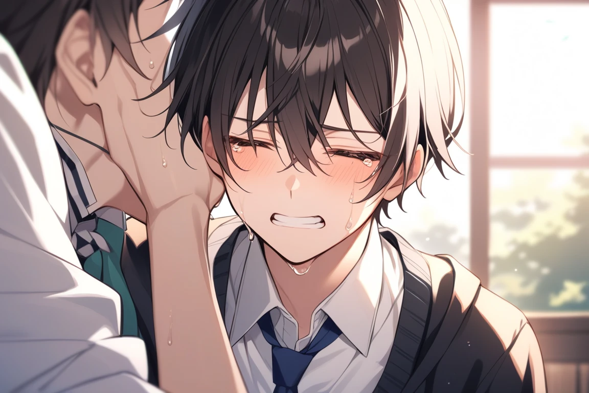 Little boy cries profusely because several other children, Behind him, mock and laugh at him. Bullying.  