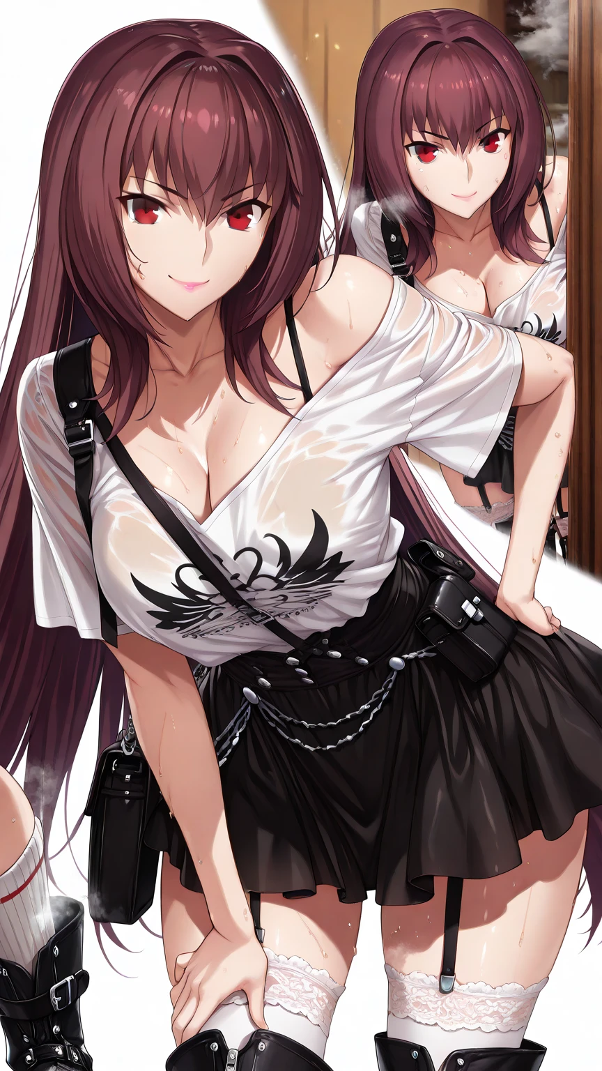 1girl, beautiful NobaraJK, bra, skirt, smile, navel, fancy bra with special pattern, nail_polish, stomach, black_skirt, midriff, pleated_skirt, volumetric lighting, best quality, masterpiece, intricate details, tonemapping, sharp focus, hyper detailed, trending on Artstation, long fancy fluffy hair, big 