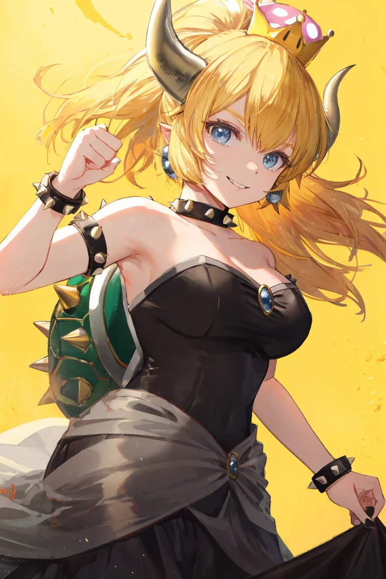 masterpiece, Best quality, watercolor (medium), 1girl, breast, Solitary, Short shoulder-length hair, Cleavage, Blonde pick-dye hair, Jewel green eyes, Bangs, jewelry, skirt, Bare shoulders, sleeveless, Hair between the eyes, 单Scapula, looking at the audience, Photo poses, Hand gesture with index and middle finger raised, large breast, armor, shoulder armor, sleeveless skirt, Upper Body, Single sleeve, white skirt, Scapula, Naughty smile