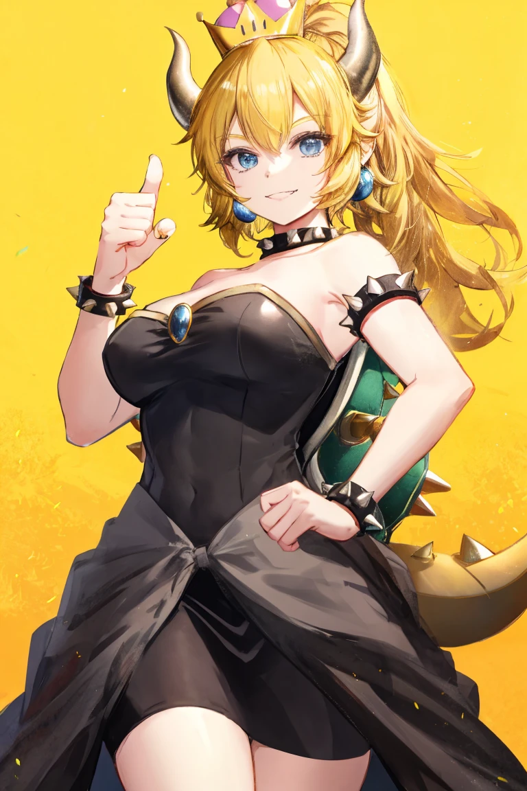 best quality, high resolution, large breasts, blonde hair, blush, Evil smile, cowboy shot, looking at viewer, bowsette, pink lip, in a volcano with lava, sexy shoulders, (shoulders Focus)