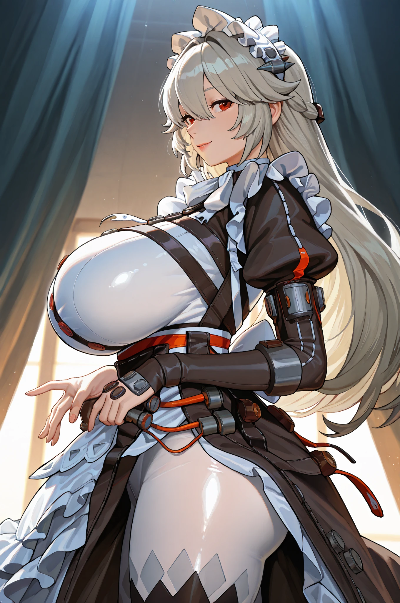 ((highest quality)), ((masterpiece)), ((hyperrealistic)), (solo), 1girl, ((curvy)), ((skindantation: 1.2)), perfect face, ((Azur Lane)), ((armored dress)), ((white paladin armor)), ((skin-tight pantyhose leotard: 1.4)), ((white knight armor breastplate)), ((skin-tight black Investigator Bodystocking)), ((pauldron)), (white long gauntlet gloves), ((silver long straight hair)), ((sagging breasts chest that looks like it's going to burst under pressure)), (tight black pantyhose thighs), ((tight thigh boots)), ((see through cleavage cutout)), ultra high leg cut, zettairyouiki, Perfect and beautiful dark blue eyes, Perfect hands, perfect fingers, makeup, cowboy shot