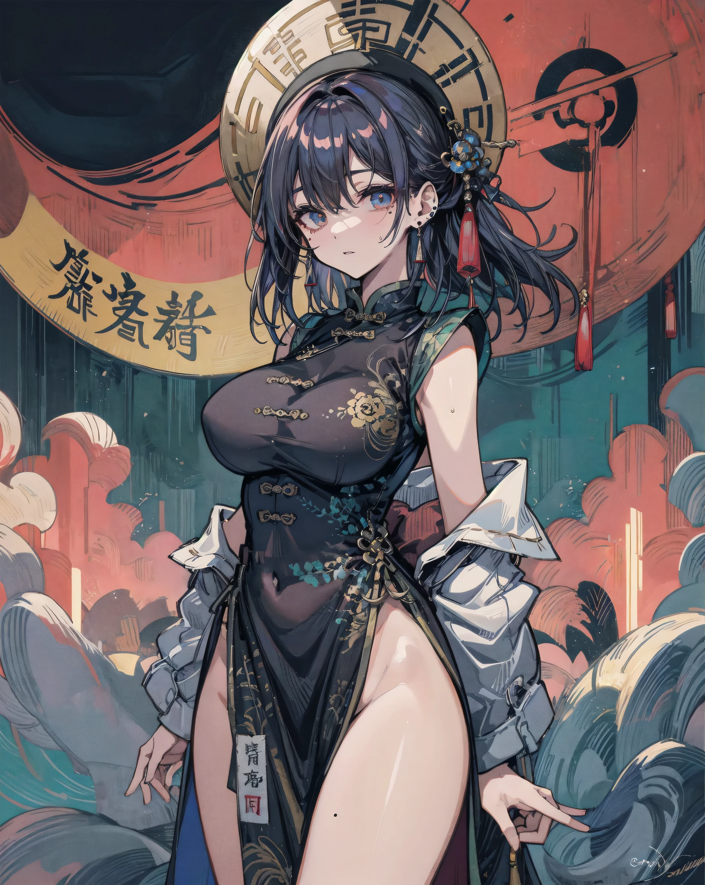 absurdres, RAW photo, extremely delicate and beautiful, masterpiece, Best Quality, ultra high resolution, 32k, hyperrealistic, ultra-detailed, in her 20s, delicate facial features, tearful mole, earring, medium breasts, full body shot, shorter middle hair, black hair, jiangshi, Spells with red letters on yellow,