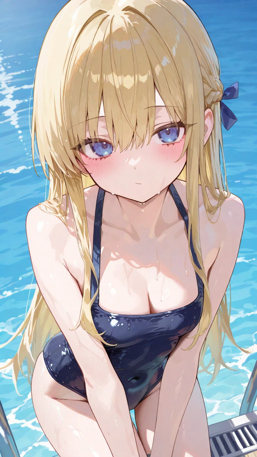 masutepiece, Detailed, Best Quality, Beautiful Girl, very small open Swimsuit, Shackles, stock, Troubled face, big pool (prison), blonde sexy girl 1girl in, blue archive character, blonde female, blue eyes, Blunt bangs, Big breasts, Amused expression, Looking at Viewer, big butt