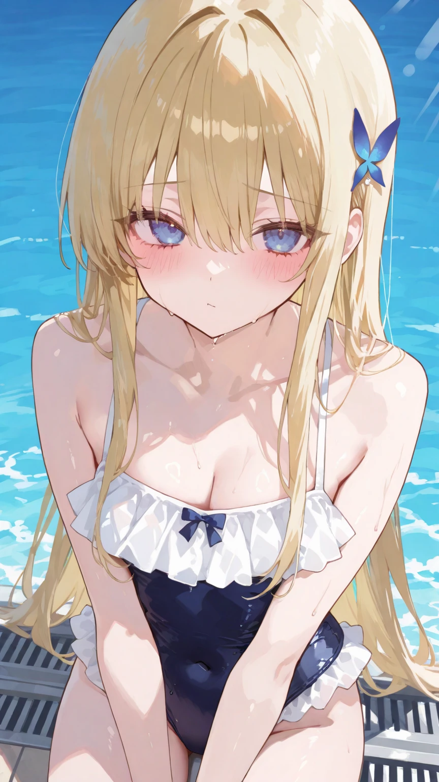 fairy_tail_style, solo, 1 girl, (young female body:1.4), (medium small breasts), golden yellow hair, extra long hair, blunt bangs, crystal blue eyes, very detailed eyes, cowboy shot, detailed eyes, beach house, sand, white bikini, tight white swim suit, bikini with skirt, space buns, bows and ribbons, cute swimskirt, sitting in the sand, sitting butterfly position, butterlfy sitting, japanese style bikini