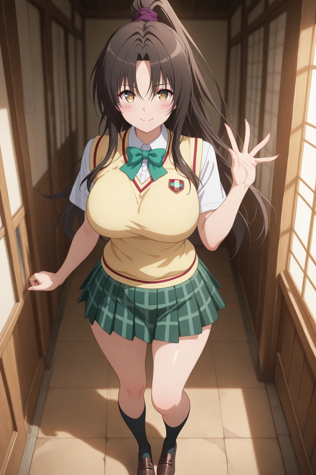 (masterpiece, Highest quality:1.2), One girl, alone,Are standing_Split, 
Yuki mandarin orange, Brown eyes, Brown Hair, hair ornaments,Long Hair,Green Checkered Skirt, Sainan High , , White shirt, Yellow sweater vest,No panties、(((naked)))

