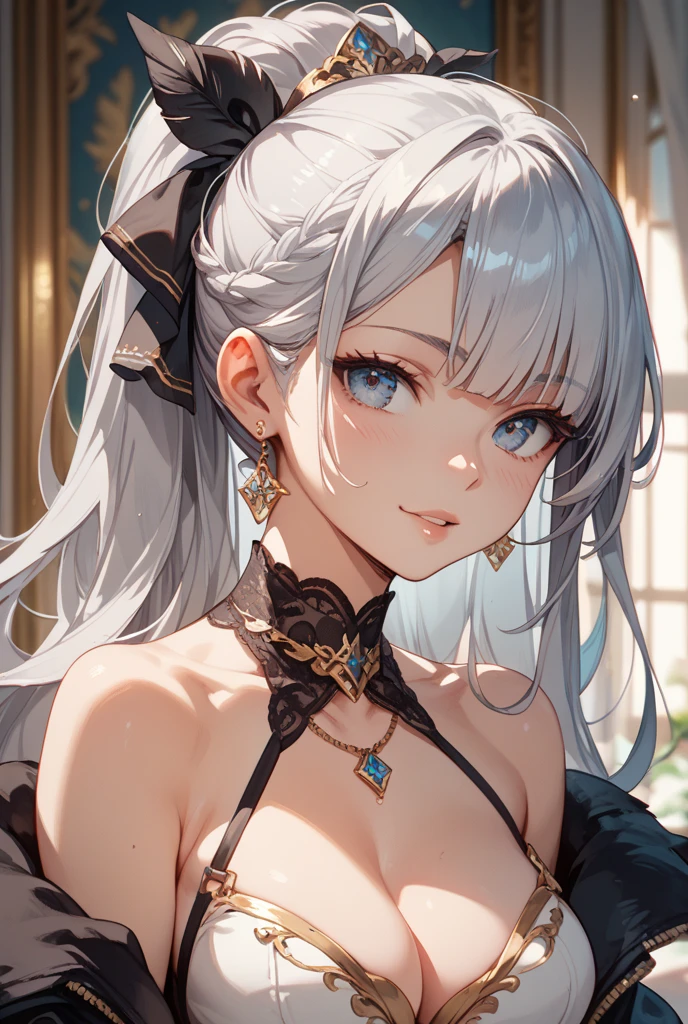 Cute Girl, (ash blond hair), ((very bun hair)), Perfect face, Innocent smile, Upper body,(Cerulean Eyes), (Yan), (Petite), (slender), ((flat chest)), ((16 only)), Skindentation, Extreme Detail, charming oval face, Red lips, Pink, Glossy skin, detailed hairs, Face Focus, Close-up chest, Luxurious hair ornaments, Gold Earrings, ((1 girl)), Embarrassed expression,