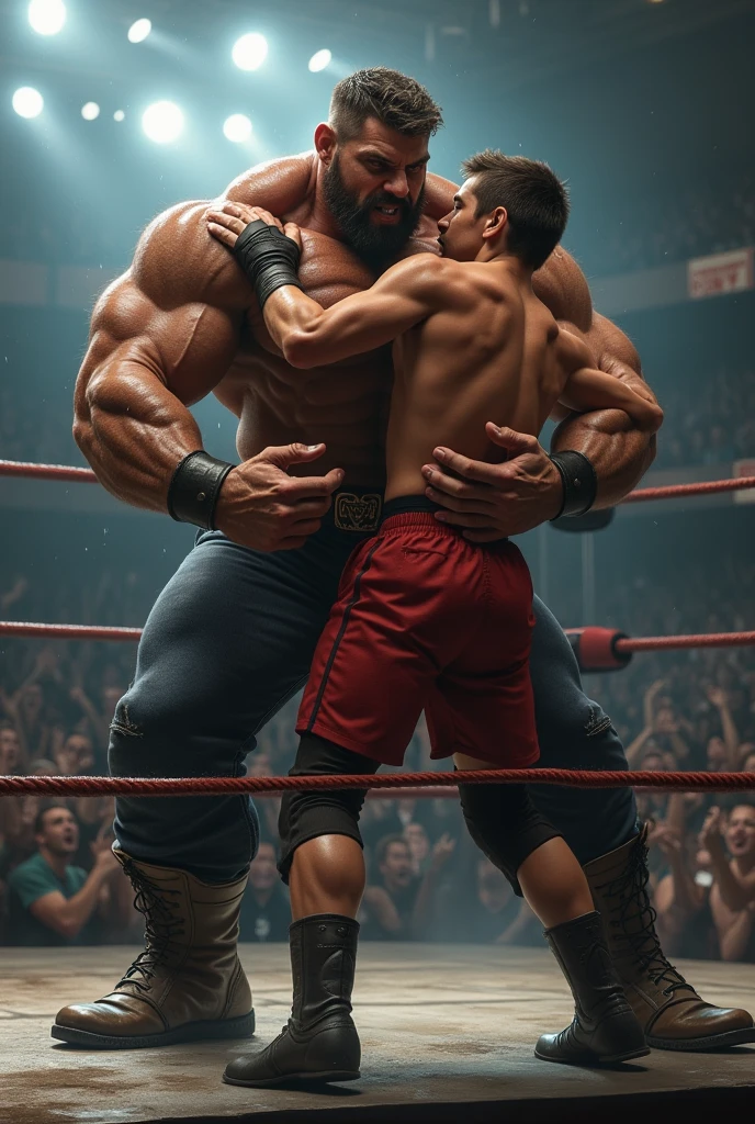 a muscular superhero in a blue and red costume fighting a professional wrestler in the ring, detailed facial features, dynamic action pose, dramatic lighting, cinematic composition, sharp focus, photorealistic, 8k, best quality
