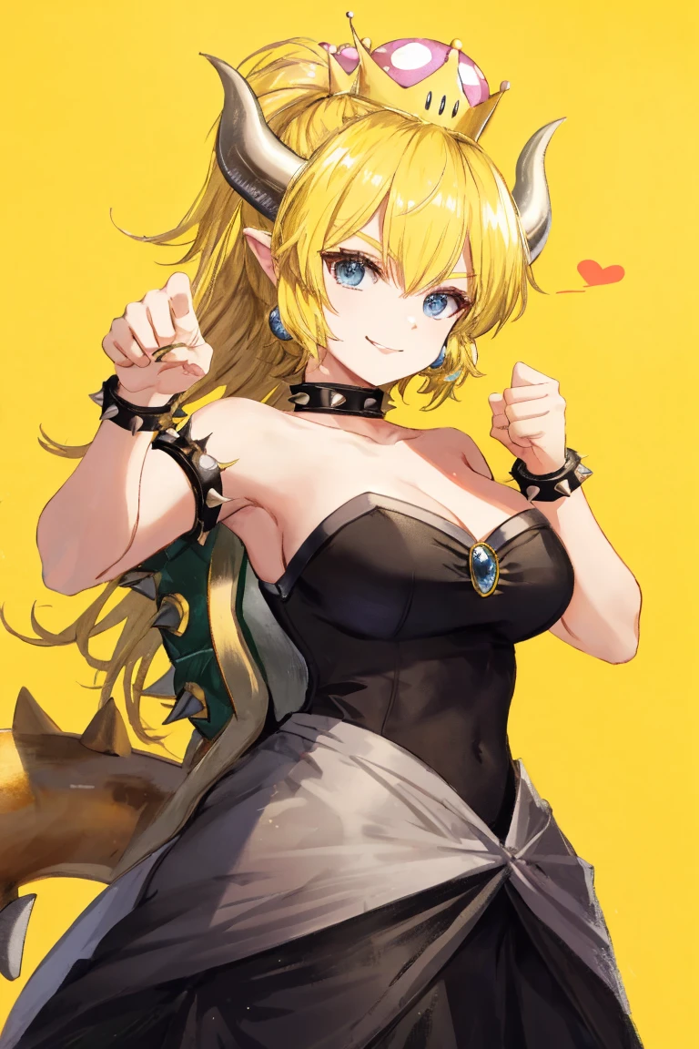 standing, leaning forwards, looking at viewer, claw pose, simple background, outdoors, grass, sky, upper body, Bowsette, yellow hair, black dress, horns, beautiful, mischievous smile, mischievous smile, fangs
