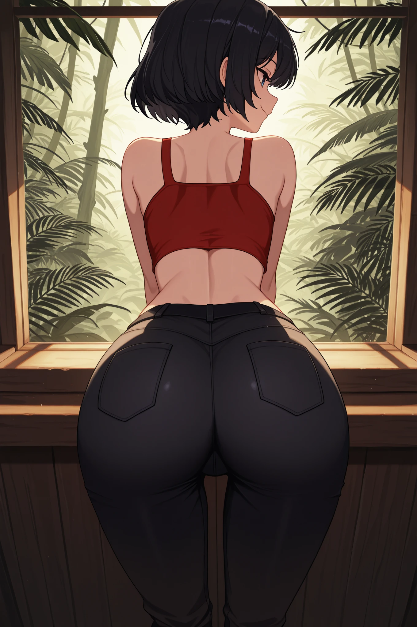 boyish,Very short hair,Black Hair,Large Breasts,Black leotard,High Leg,blush,Serious face,blue eyes,forest,Sweat,Full body image,barefoot,Are standing,Backwards,return,Butt,Back view,