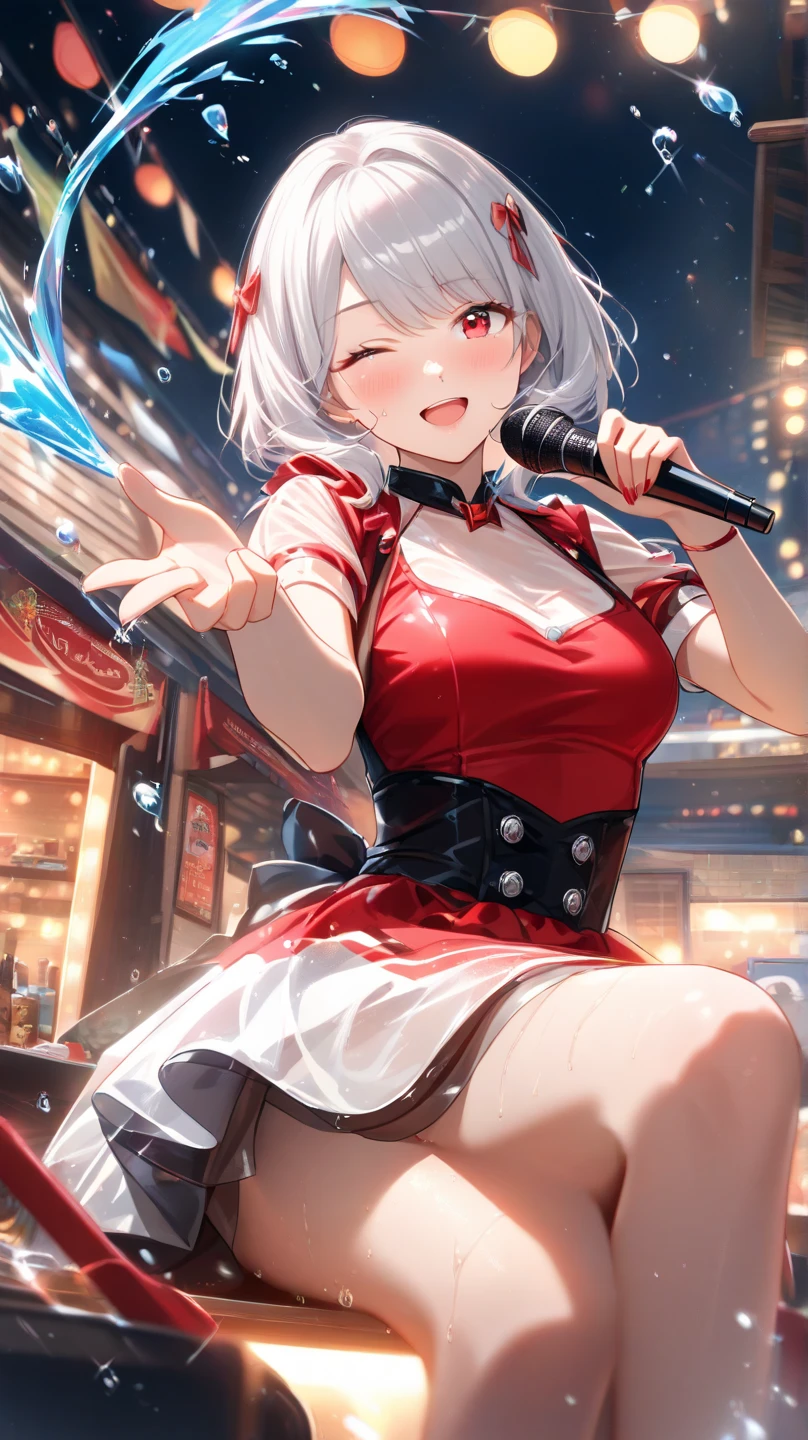 Alice, anime art style, 1 girl, alone, breast, watching_exist_audience, Smile, short_hair, Open_Mouth, big deal_breast, Red_Eye, hair_between_Eye, superior_Body, white_hair, :d, vague, chef