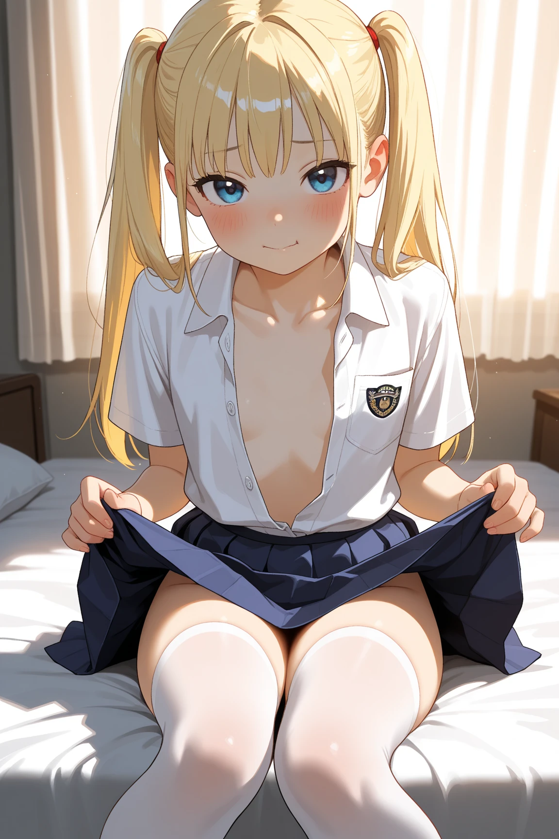Cowboy Shots、Philo、One girl、solo、School Swimsuit、Blonde Hair、Shy、Mouth closed、Flat Chest、Are thin、he is short、White Wings、White Dress、Blue ribbon、Long Hair、blue eyes、Watching the viewer、Parted bangs、crouching、(From below:1.5)、、Pee、(Roll up your skirt:1.5)、((Grab the skirt:1.3))、(Pink Panty Shot:1.3)、No panties、Highest quality、Best image quality、Perfect Anatomy、masterpiece、Super detailed、beautiful、super quality、Highest quality、High resolution、Super detailed、Game CG、Dutch Angle、Beautifully detailed eyes、Visual Arts、Black Pantyhose、、(((Embarrassment)))、(vagina:1.5)、Five Fingers、Perfect hands(Schoolgirl uniform、Pleated mini skirt)、Open your mouth、Hold two VR controllers、Sitting on the floor、Knees up、Knees to chest、Spread leg pose、(White cotton panties)、Cameltoe、In the room、barefoot、Bare legs、((Showing off your crotch、Showing off panties))、Sitting on the floor、Putting your nipples in your clothes、(black tights)、(Black Pantyhose)、(Sit with your legs apart)、(Crouching pose)、(
