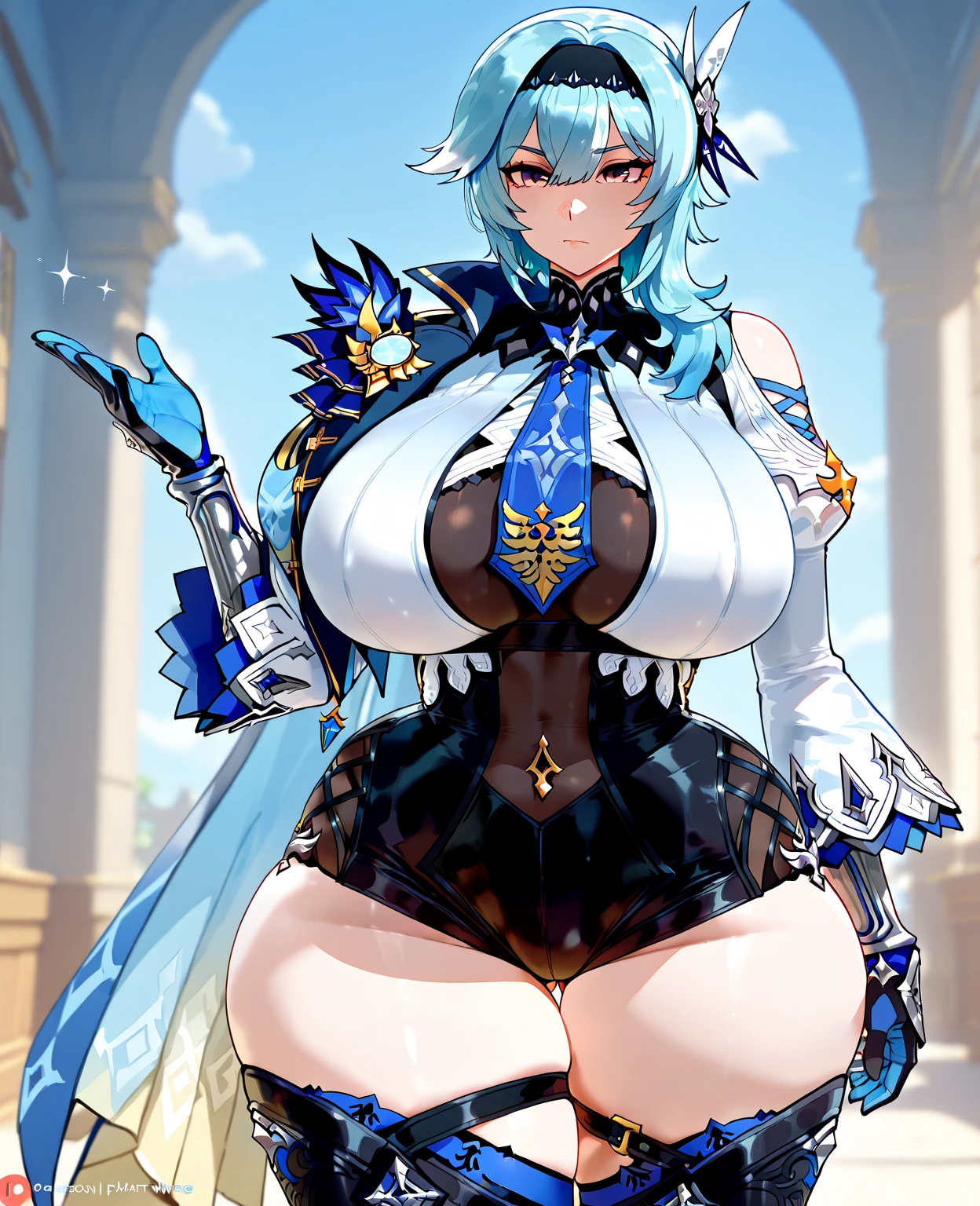 best quality, high resolution,Become a, cityscape, night,Looking at the audience, blue eyes,Short skirt,Medium-length white hair, Blue Hair,cape, White pantyhose,snowflake, Floral, jewelry, gem,shining, Thigh straps,huge 、huge breasts，4K screen，Dance，Showing breasts