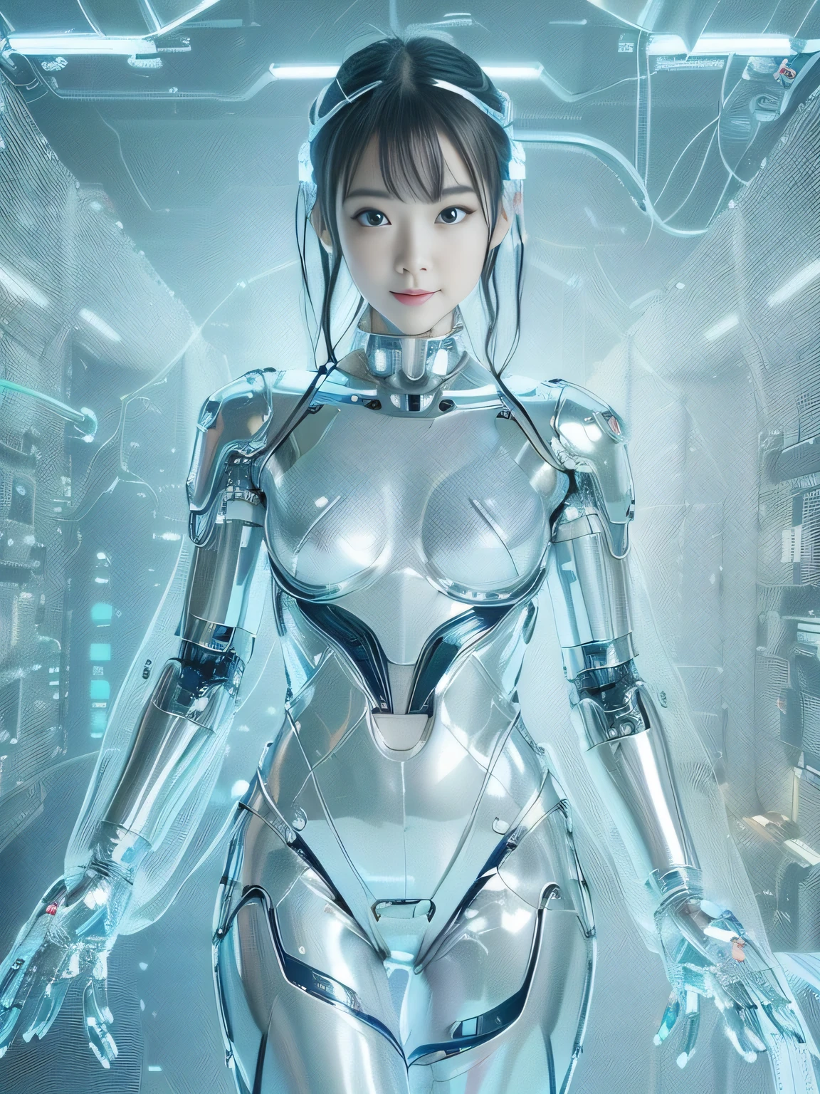 (Highest quality, High resolution, masterpiece:1.2), Very detailed, Realistic:1.37, (Perfect Anatomy),1 Girl,Top View,Photo taken from your feet, Full body portrait, Cute and beautiful Japanese girls,20-year-old,(Cyborg sits in the operating chair),(Cyborg transformation surgery:1.1),Very cute face,,(close your eyes:1.4),Beautiful Skin, Detailed facial features,Beautiful Hair,(Headgear with lots of cables:1.2), (Futuristic shiny skin-tight clear acrylic cyborg suit:1.5),(Detailed electronic circuits inside the body are visible:1.4),, (Natural Makeup),(Many cables connected to the body:1.3), Intricate decorative details, cyber punk,Bright lighting,(The background is the interior of a robotic operating room...:1.2).