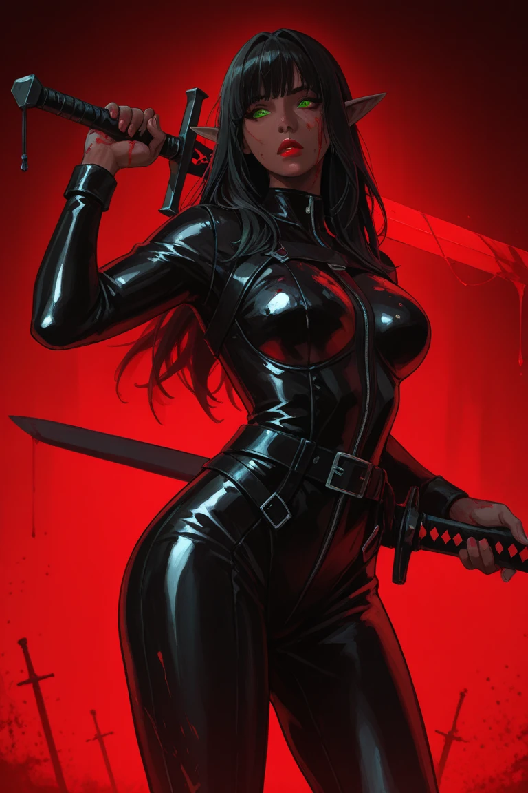 Japanese Ninja woman, seductive cyberpunk dark fantasy, gigantic breasts, cleavage, beautiful face, beautiful body, beautiful eyes nose lips, alluring expression, full body photo, standing legs apart(well defined pubic hair:1.4)), (dark plain black background:1.4))