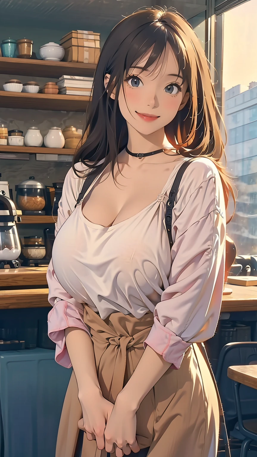 (masterpiece),(intricate details),1girl,pale skin,mature female,Under Cut,happy smile,huge breasts:1.5 BREAK , Tie-dye_maxi_dress, white_sneakers, layered_chain_necklaces, woven_backpack, Cafe: Coffee, cup, table, chair, sitting, conversation,((upper body)) BREAK looking at viewer,dynamic angle