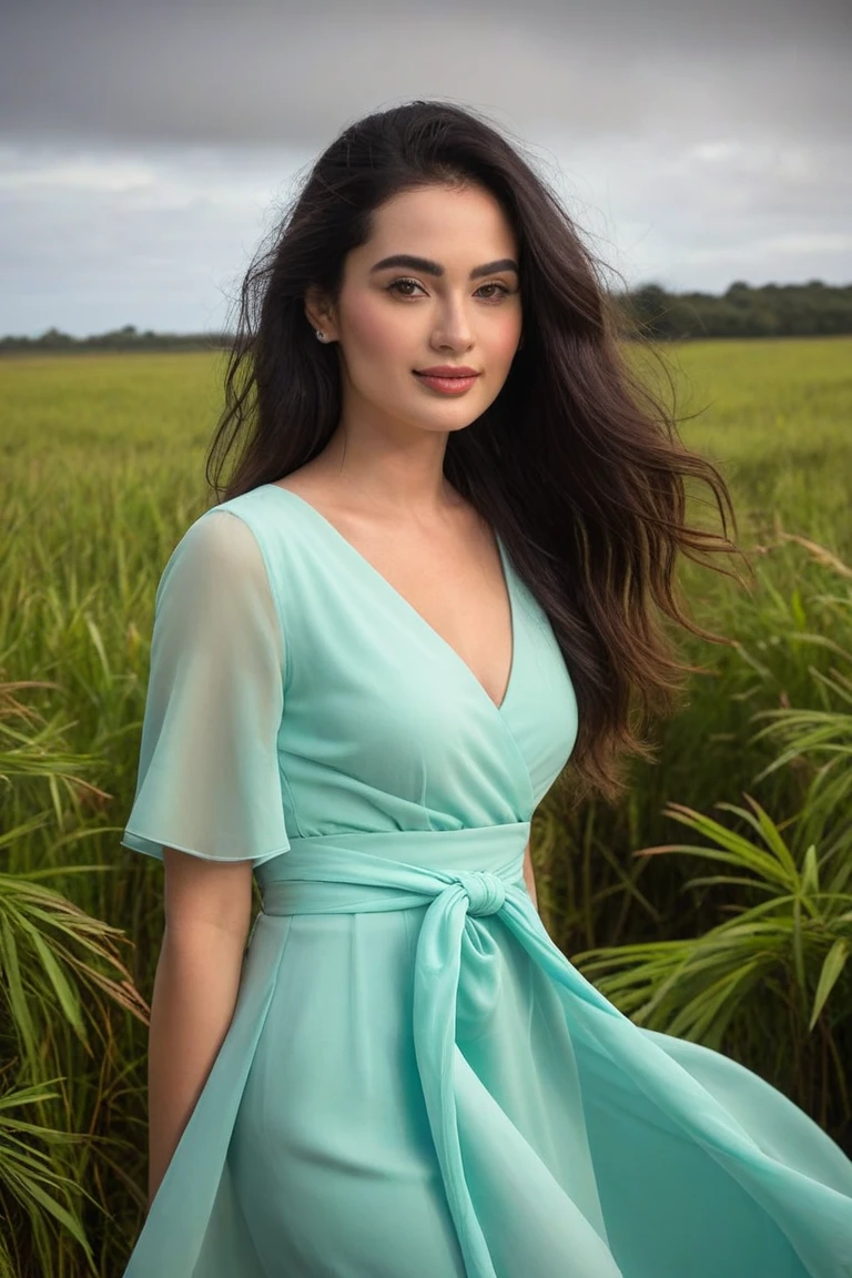 "Draw a picture of a beautiful woman. She has long, sleek black hair that is blowing in the wind. Her big eyes and sweet smile enhance the beauty of her face. She is wearing nothing, the whole body is bare. Dangling earrings from her ears and colorful bangles in her hands.  Wearing. The background of the woman is a rural scene, with green paddy fields, blue sky, and a small pond, with lotus flowers blooming on her face.