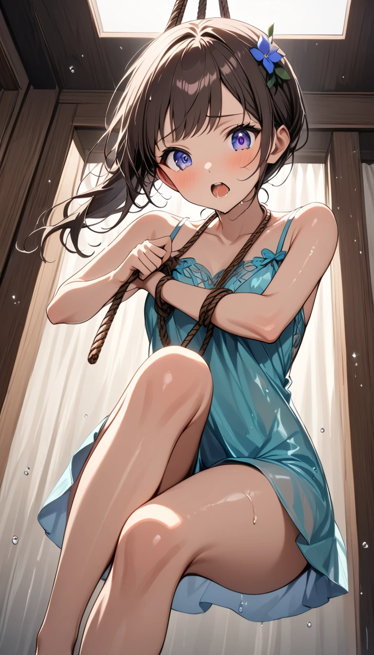 Hands Behind Back,Tied with hands behind back,from front,front view,looking at viewer, looking ahead,from above,cowboy shot,1girl,Beautiful 11 year old girl,Japanese,Slender,,low length,Small breasts,Thin legs,Small Ass,Baby Face,Small face,Black Hair,one side up,Gray Eyes,Drooping eyes,middle School girls,Collar with leash,Sheer black and pink negligee,Sexy Lingerie,open mouth,tongue out,front face,Kneeling,Straight Stand,Beautiful and detailed anime art,Mischievous smile,Sexy vibe,cum on tongue,Dimly lit room,On the bed,Simple Background,Gray background,Low lighting,