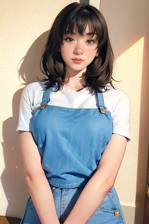 idol, One girl, Japanese, Middle school students, Elementary school student, prety, Sparkling eyes, No body hair, Thin legs, Attention to detail, Highest quality, High resolution, bobbed hair, short bob, off shoulder dress, super mini denim pants, the girl with the denim overall shorts, Elementary school student, , Anatomically correct, Textured skin, high quality, high quality, high details, best quality, highres, super detail, accurate, high details, best quality, highres, super detail, accurate