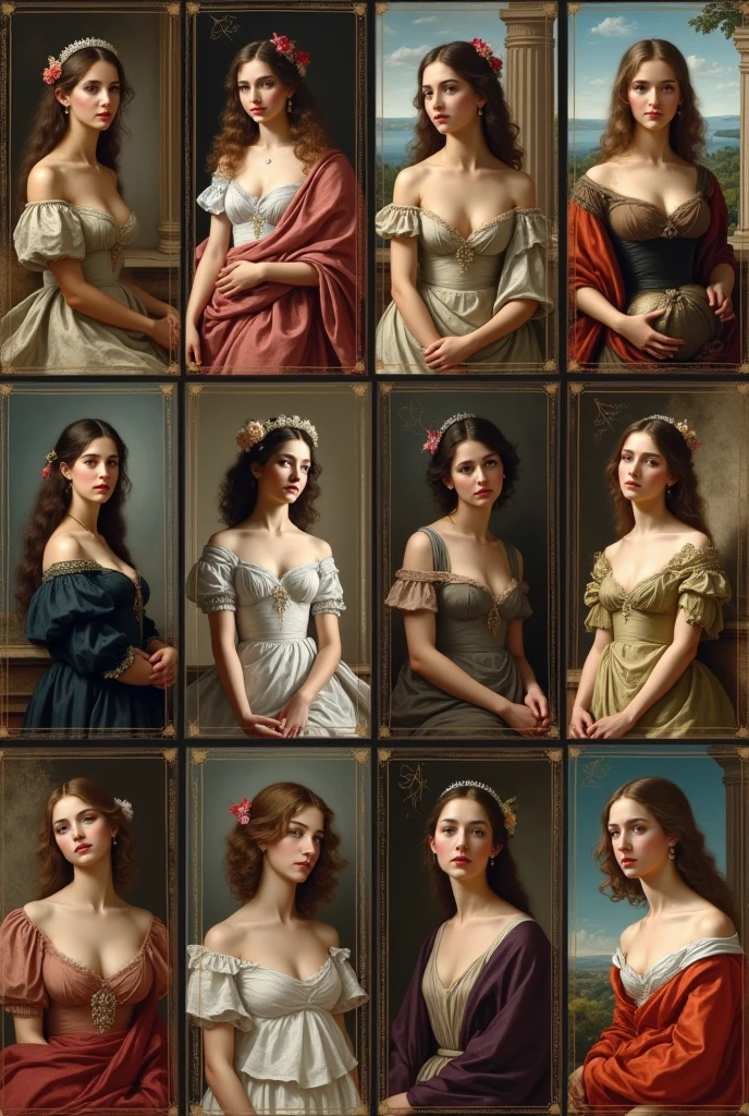 (perfect face, detailed eyes, detailed skin), best quality, masterpiece, old oil painting by William Bouguereau, a three beautiful young ladys in a empty library, lesbian couple, short haircut, strong arms, muscular, (detailed facial features), horny, smirking, smile, pretty hands, flirtatious, wide hips, narrow waist, (massive breasts:1.3), (saggy breasts:1.3), 1880s housewife, wearing 1880s housewife attire, (deep cleavage, wide cleavage), strapless, bare shoulders, three beautiful young ladys flirting whit each other, dress, lesbian lovers,