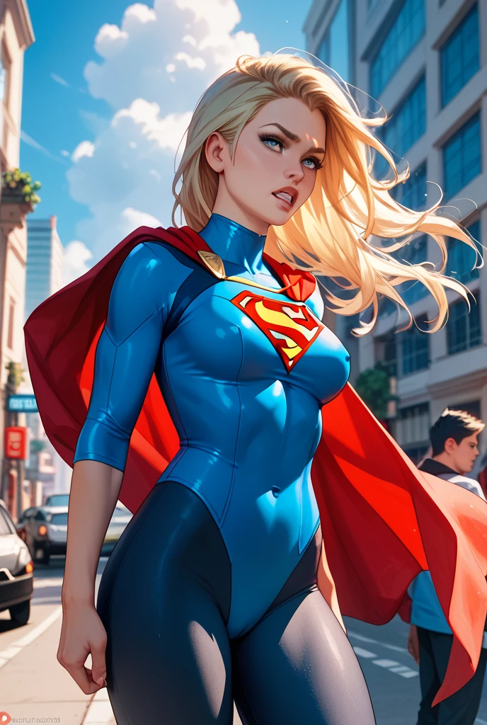 photo by full body (cowboy shot), sfw, (work of art), (best qualityer:1.0), (ultra high resolution:1.0), detailedeyes,
BREAK Supergirl, 1 girl, long blonde hair, mid-air, flying hair band, \(offwhite\) top cut, manga curta, layer, blue pencil skirt, mitts, BREAK boots
(clouds, citys, stunning vista)