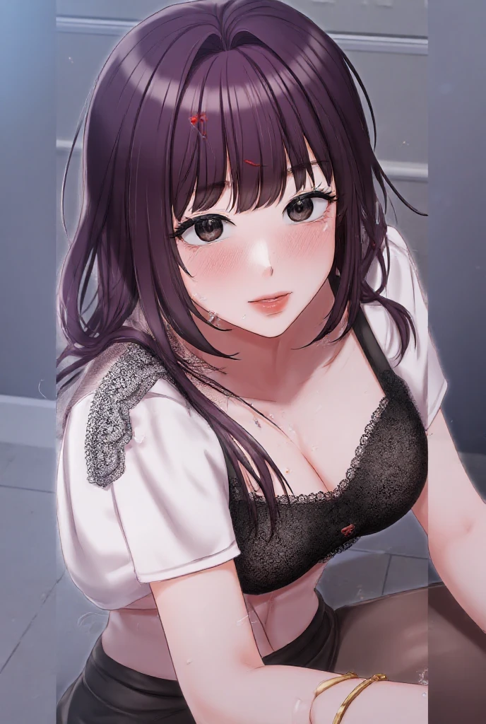 (A superb exquisite Chitanda Eru), purple eyes, black hair, natural straight hair, straight bangs, solo, ((in a lingerie shop)), shopping, extremely delicate, straight facial features, peerless beautiful girl, soft, (sensual face), dreamy quality, exaggerated facial features, solid color, frank holly, delicate face, bright lips, slender waist, soft curves, real light and shadow, super fine, 4k, natural moving, Ultra high resolution, (masterpiece:1.2, best quality), (finely detailed beautiful eyes: 1.2), (beautiful detailed face)