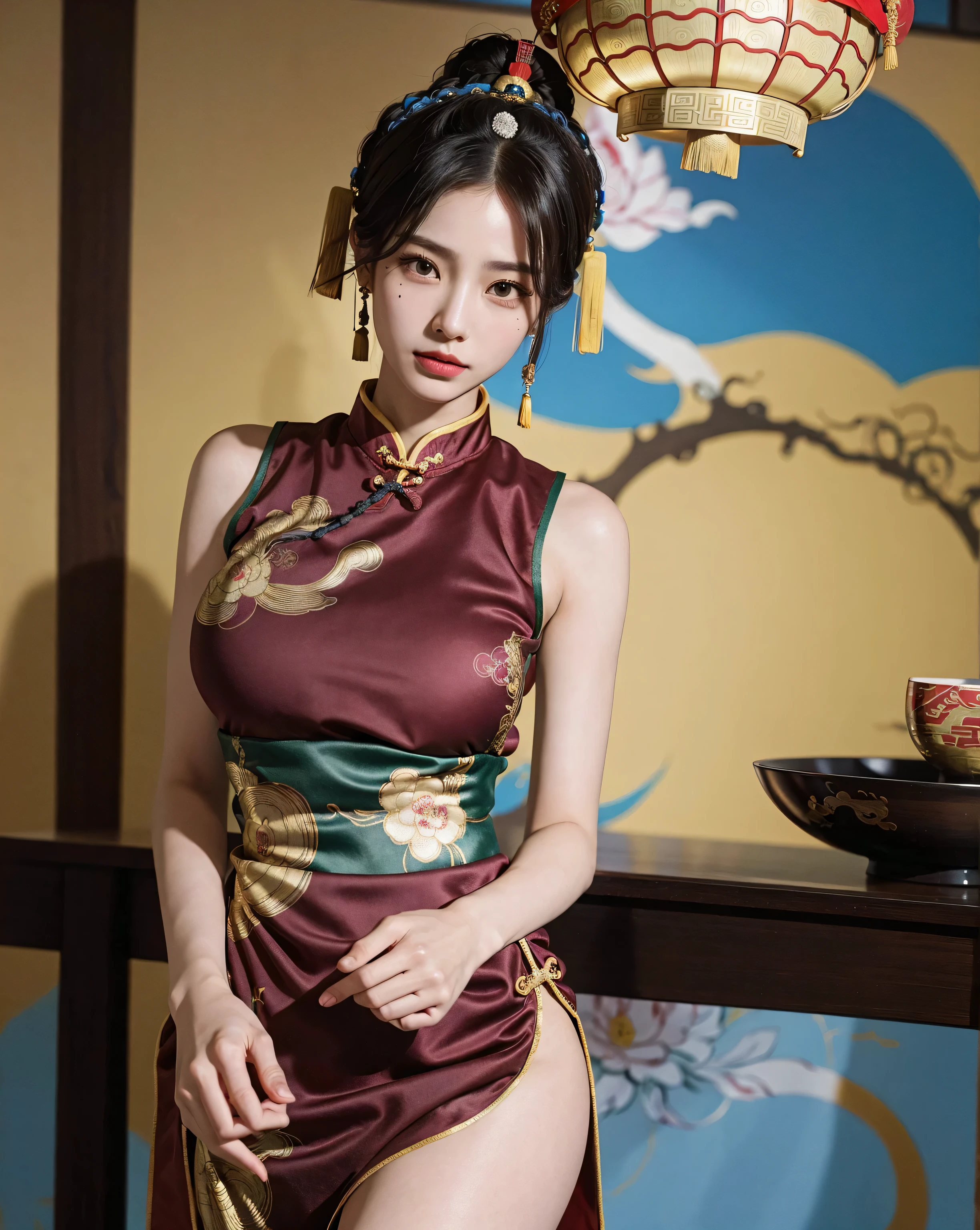 (((long Traditional Chinese costumes))),(((view full body))),(((glamorous body shape))),(((bare inner thigh)))、(((show side breast))),(((detached sleeves))),(((over-kneehighs))),ulzzang-6500-v1.1, (Raw photo:1.2), (Photorealsitic:1.4), a beautiful detailed girl, extremely detailed eye and face, beautiful detailed eyes, ultra-detailed, High resolution, top-quality, ​masterpiece, ighly detailed, 8k wallpaper, magnifica, finely detail, top-quality, Light on the face,电影灯光,1girl in,(Forbidden City during the Ming Dynasty),Beautiful eyes,a smile,Opening Mouth