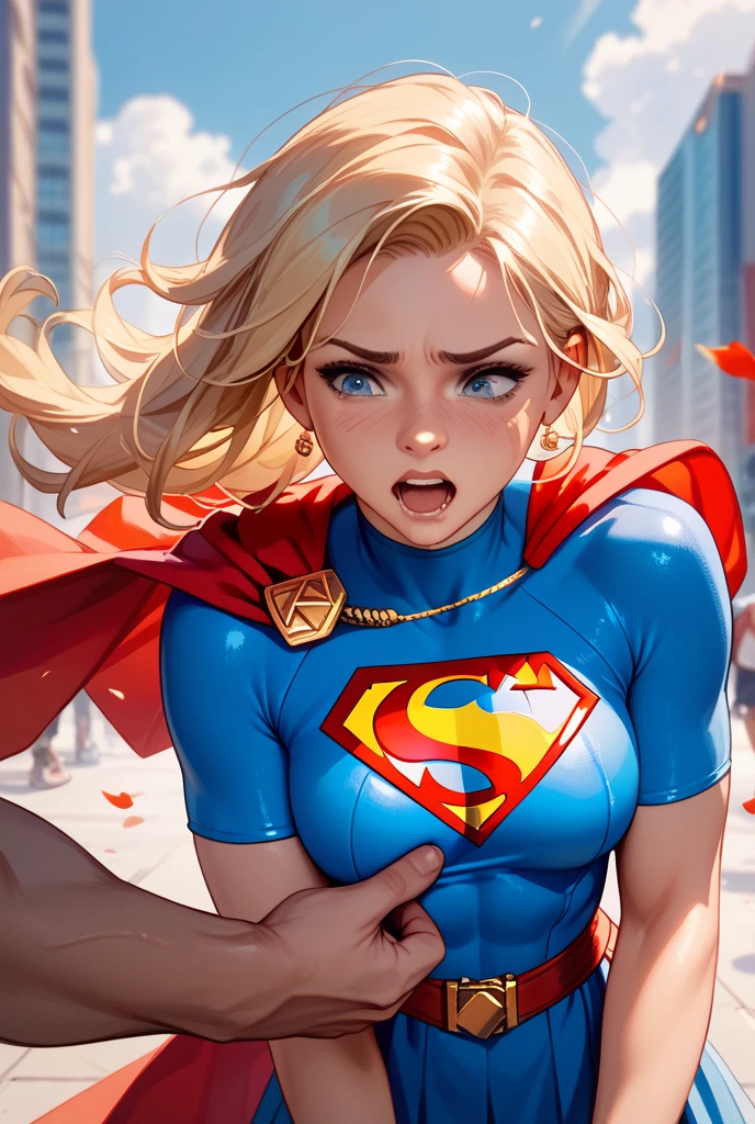 1 girl, detailed blue eyes, lange wimpern, detailed beautiful face, 4k quality, (Long blonde hair:1.4), (arms behind back:1.6), gefesselte Arme, Red rope, (blushing:1.2), (Big boobs:1.2), (Supergirl suit, Red Mini skirt, shibari over clothes, 18 jears old:1.6), OTN, Gag, gagged, shibari, nah aufnahmen, wet skin, Front view, on a beach