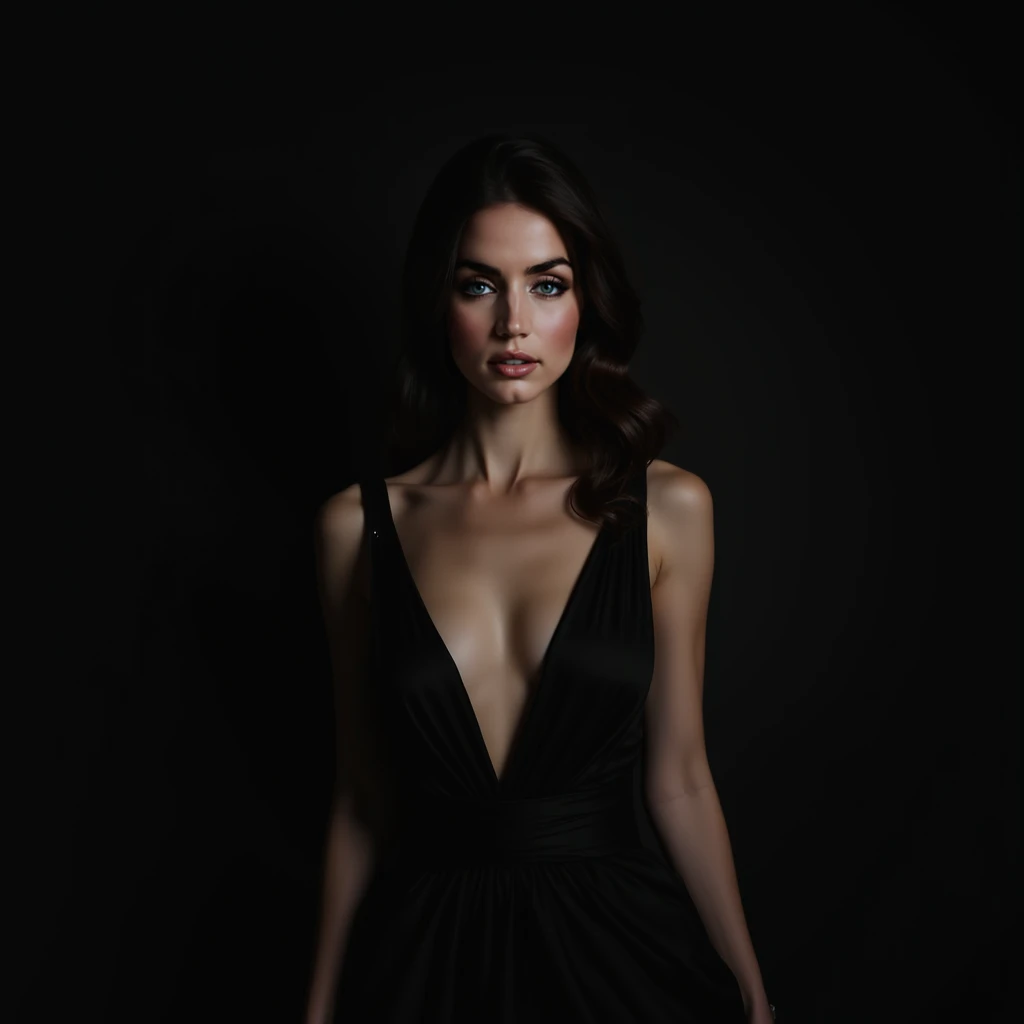 dark shot, film grain, A close up of a woman in a beautiful black dress and a black background, ultra clear, high quality