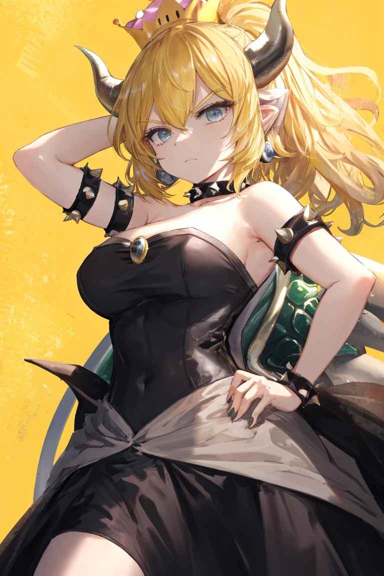 best quality, high resolution, large breasts, blonde hair, blush, embarrassed, cowboy shot, looking at viewer, bowsette, pink lip