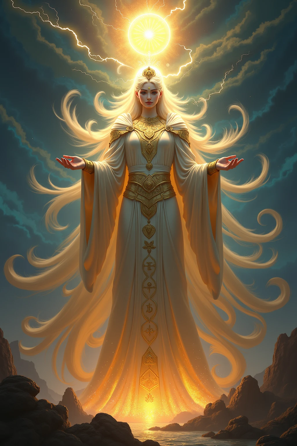Woman in golden dress with golden orb, a stunning portrait of a goddess, gorgeous goddess of leo, artgerm julie bell beeple, Goddess. extremely high detail, portrait of a beautiful goddess, goddess portrait, a beautiful fantasy empress, karol bak and peter mohrbacher, celestial goddess, extremely detailed goddess shot, As the sun goddess