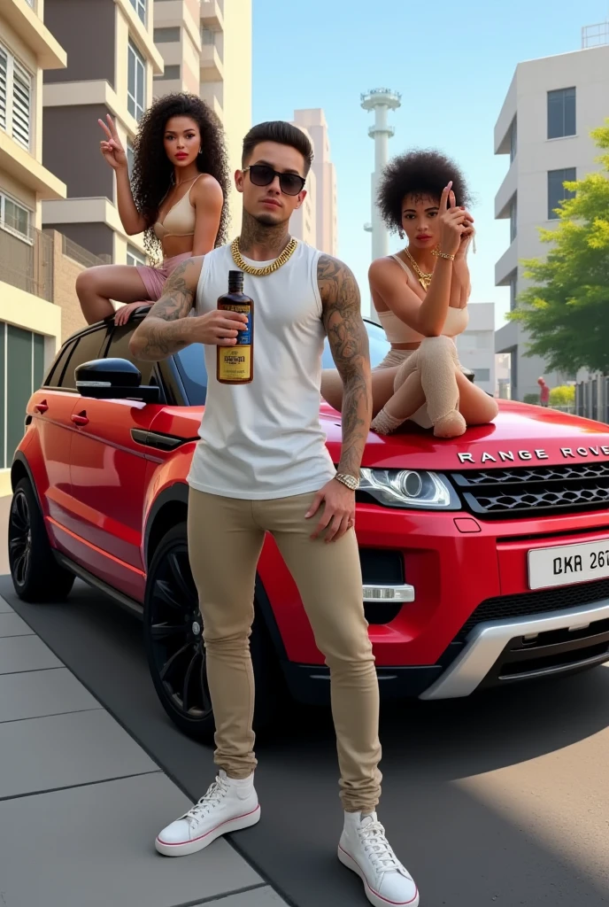 an 18 year old young man,trap singer,wearing no shirt,black Camaro,money,pitbull,3 Brazilian women in bikinis