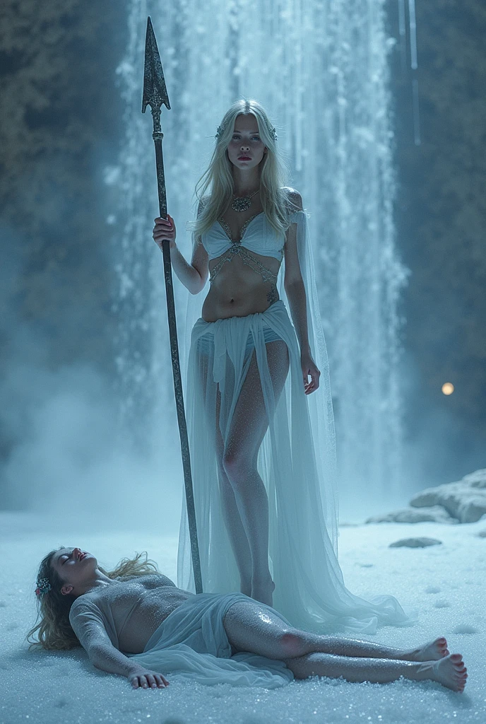 (Night in a deserted woods by a river). Vampire woman, (full body), blonde, pale skin, fangs bared, hungry, looking at viewer, sexy black nightgown, attacks a human male fisherman. in the style of a painted book illustration, dramatic lighting, (depth of field), ((masterpiece)), ((best quality)), ((highly detailed))
