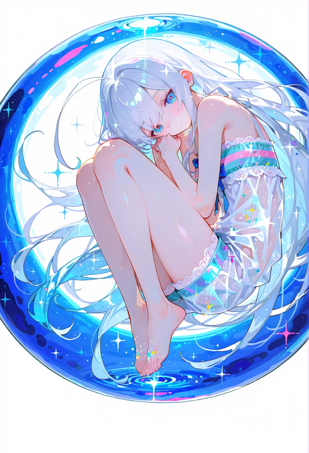 Long light blue and white hair，A silver necklace that shines like a star，Delicate makeup and glossy face，rcasual, Loose and simple cream sweatshirt，Slim and smooth legs，is a sweet girl