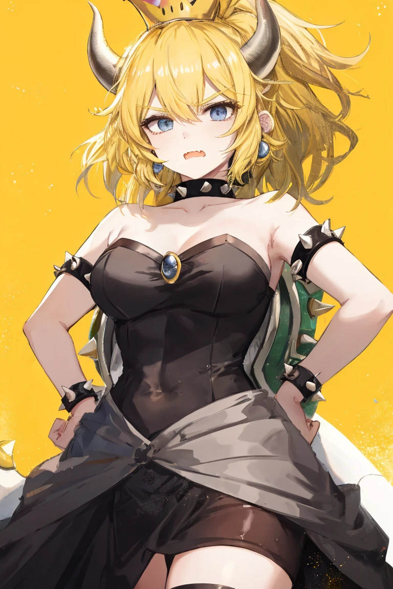 best quality, high resolution, large breasts, blonde hair, blush, embarrassed, cowboy shot, looking at viewer, bowsette, pink lip