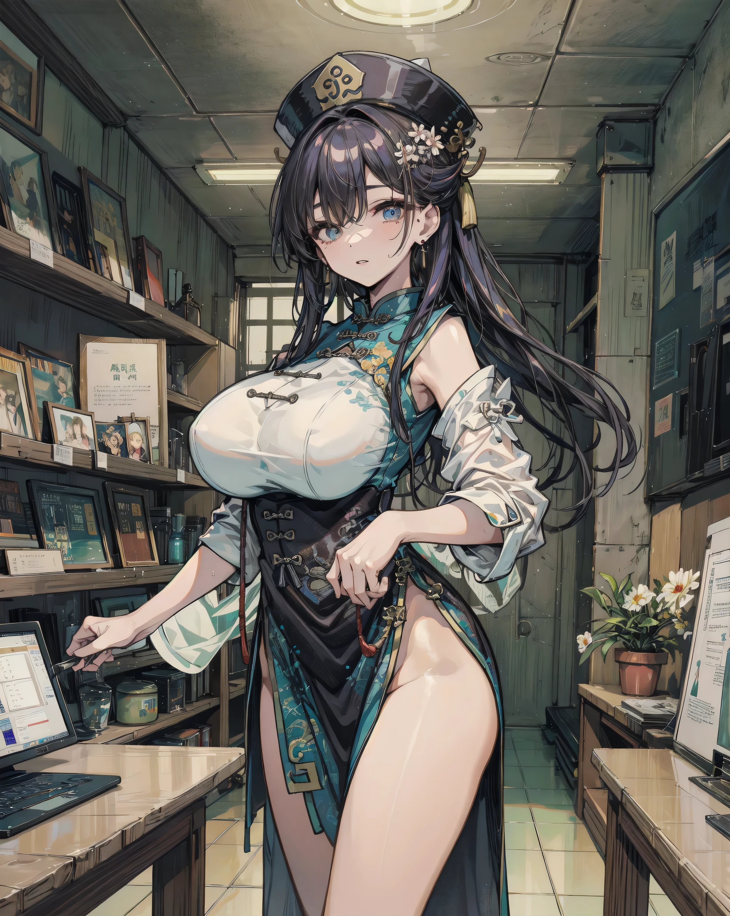 (nsfw:1.3),
(No sideburns),
(brown bob short bangs hair), (bob medium length hair),
(put your hair up:0.2),
(Gorgeous, voluminous cabaret club girl hairstyle),
(brown Princess bangs), (brown hair), (bob medium length hair), (middle_length waved hair), (vertical roll medium length hair), (bangs hair),
((Shaggy princess cut medium length tied at the back waved hair),
put your hair up,
Masterpiece, high quality, High resolution, extremely detailed, cute with glowing white skin, eyelashes and cute dark-brown eyes, Jewelry Accessories Anime, gorgeous background-centered composition,
(Best quality, 32k, photos of cute Japanese women),
(Raw photo: 1.2),
(Background is indoors Inside the store Adult shop book store DVD Shop AV actress poster),
(A pale light shines through),
cool-lighting,
1girl and 1boy,
detailed face and breast,
17 years old,
tall,
(naked name tag Stylish apron with white and black vertical stripes:1.2),
(bare breasts:1.2),
(Bare nipples:1.2),
(She is sexually harassed by the store manager.:1.2),
(She is reluctant and resists:1.3),
(Squirting),
(peek penis camelto pussy public hair),
(Close-up :1.3),