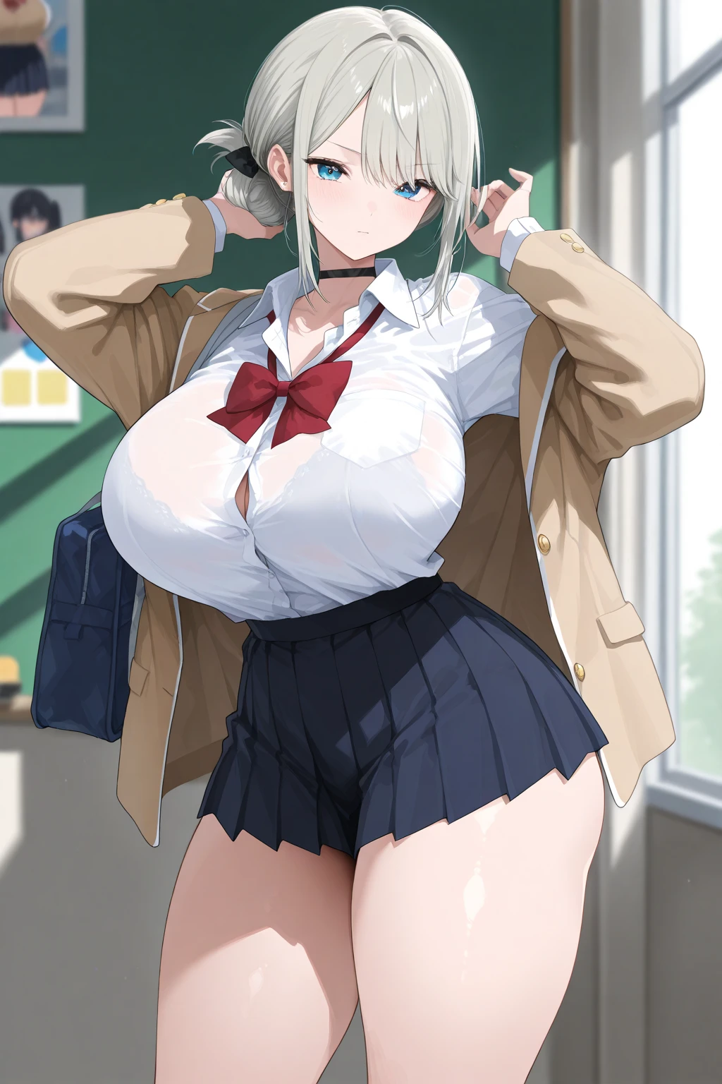 ((Highest quality)), ((masterpiece)), (detailed), 
((huge breasts:1.4))
((Very thick thighs:1.4))
((Very fleshy young woman:1.4))
(Tall)
(Short White hair)
(bob hairstyle)
Blue eyes
Standing
(((Shoot from front)))
(Japanese school uniform)
(white (business) shirt)
(Black mini(school)skirt)
(((white pantie)))
Japanese 
Tokyo city
