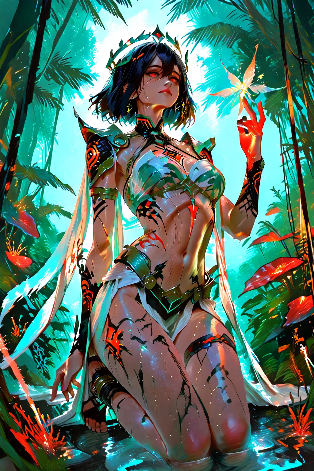 portrait | wide angle shot of eyes off to one side of frame, lucid dream-like woman, looking off in distance ::8 style | daydreampunk with glowing skin and eyes, styled in headdress, beautiful, she is dripping in neon lights, very colorful blue, green, purple, bioluminescent, glowing ::8 background | forest, vivid neon wonderland, particles, blue, green, purple ::7 parameters | rule of thirds, golden ratio, assymetric composition, hyper- maximalist, octane render, photorealism, cinematic realism, unreal engine, 8k